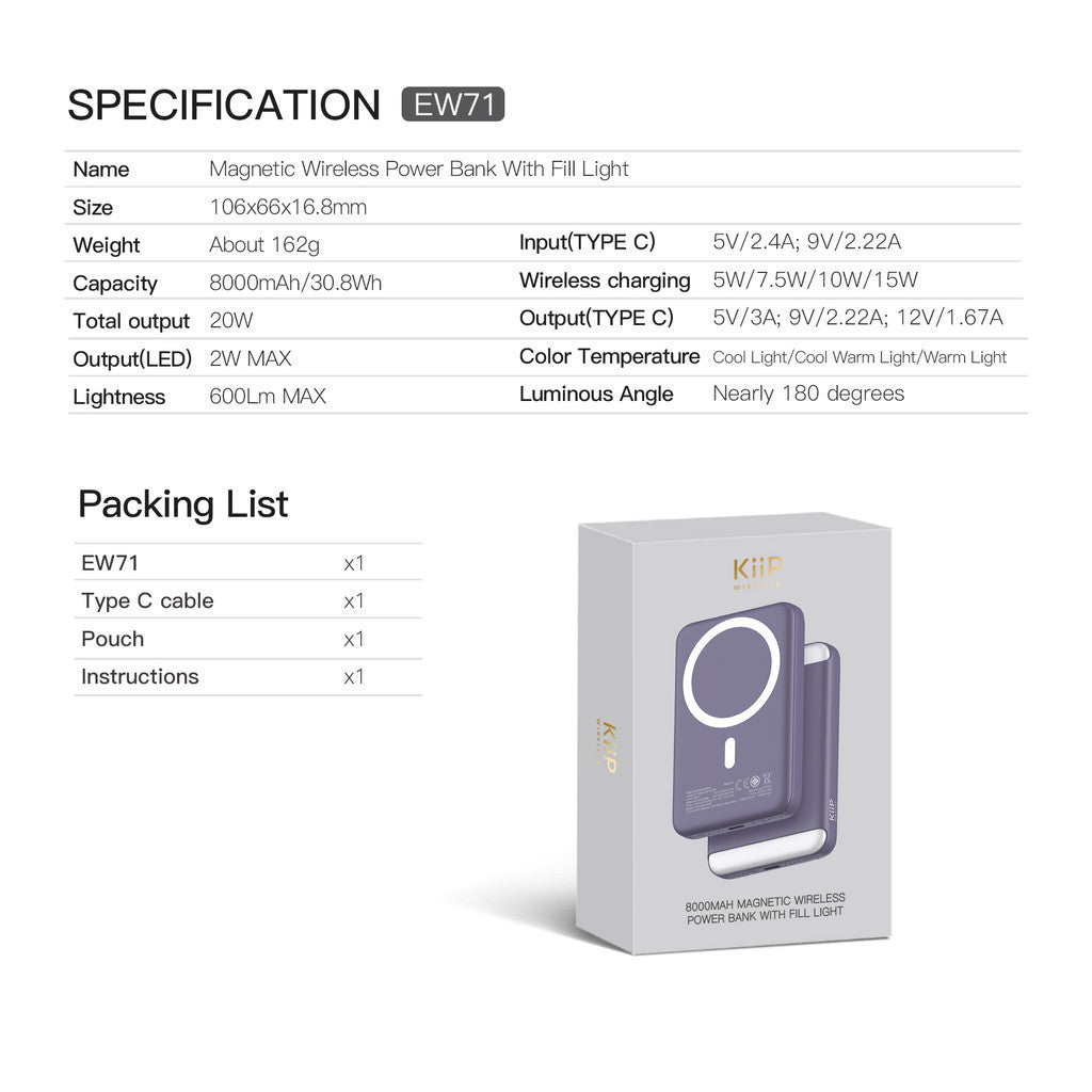 KiiP Wireless EW71 Powerbank Dual Magnetic Fill Light Fast Charge 20W