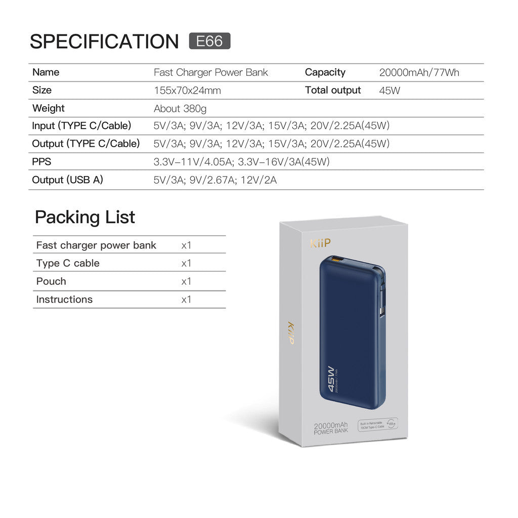 KiiP E66 PowerBank Retractable Cable 20000mAh PD QC PPS Fast Charging 45W
