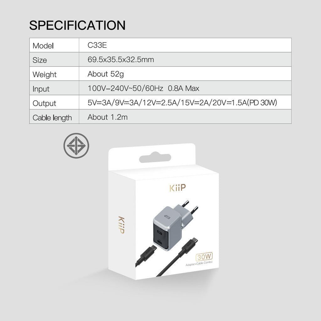 KiiP Wall Charger 30W Mini Adaptor GaN3 Fast Charger PD QC 3.0