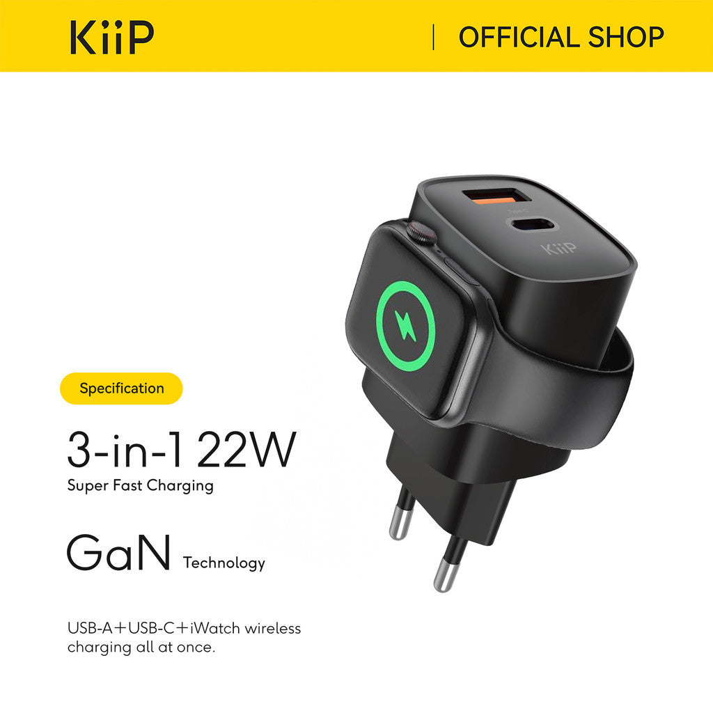 KiiP WH32 Adapter Charger 3in1 Fast Charging GaN6 22W USB-A / USB-C iWatch Wireless Charging
