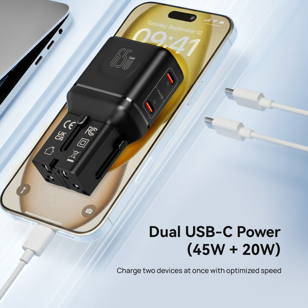 KiiP G65T Universal Travel Adaptor Charger Mini Fast Charging 65w GaN Portable Travel