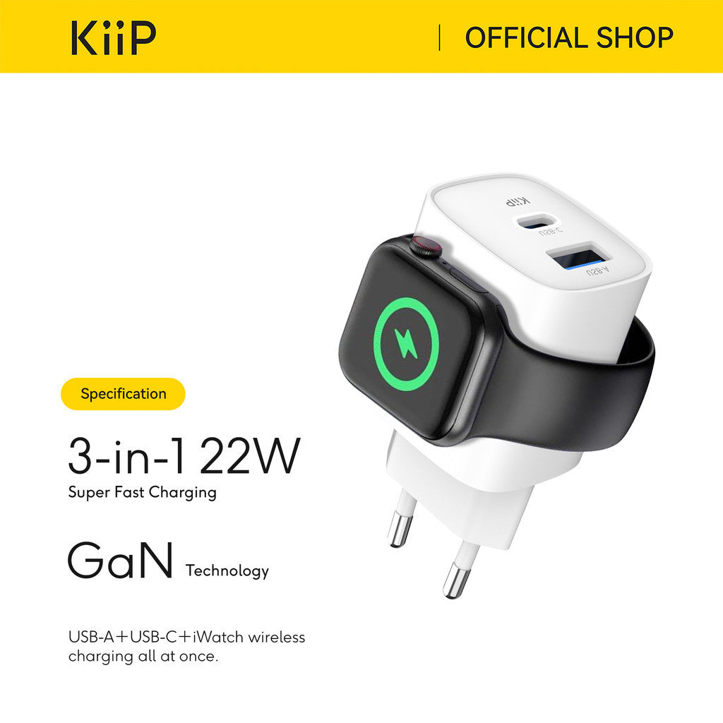 KiiP WH32 Adapter Charger 3in1 Fast Charging GaN6 22W USB-A / USB-C iWatch Wireless Charging