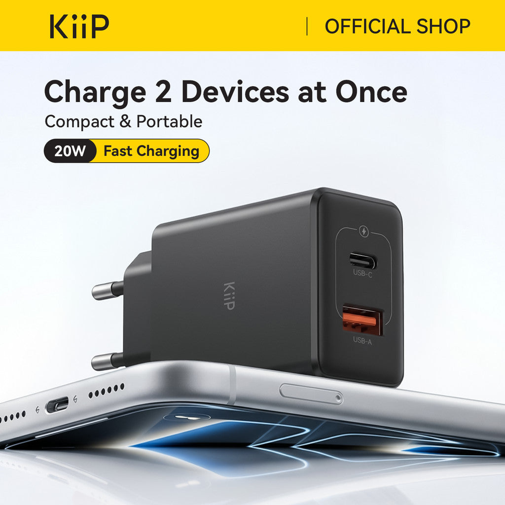 KiiP C20W Dual Port USB A+C 20W Compact Mini Wall Charger Adaptor Kepala Fast Charging