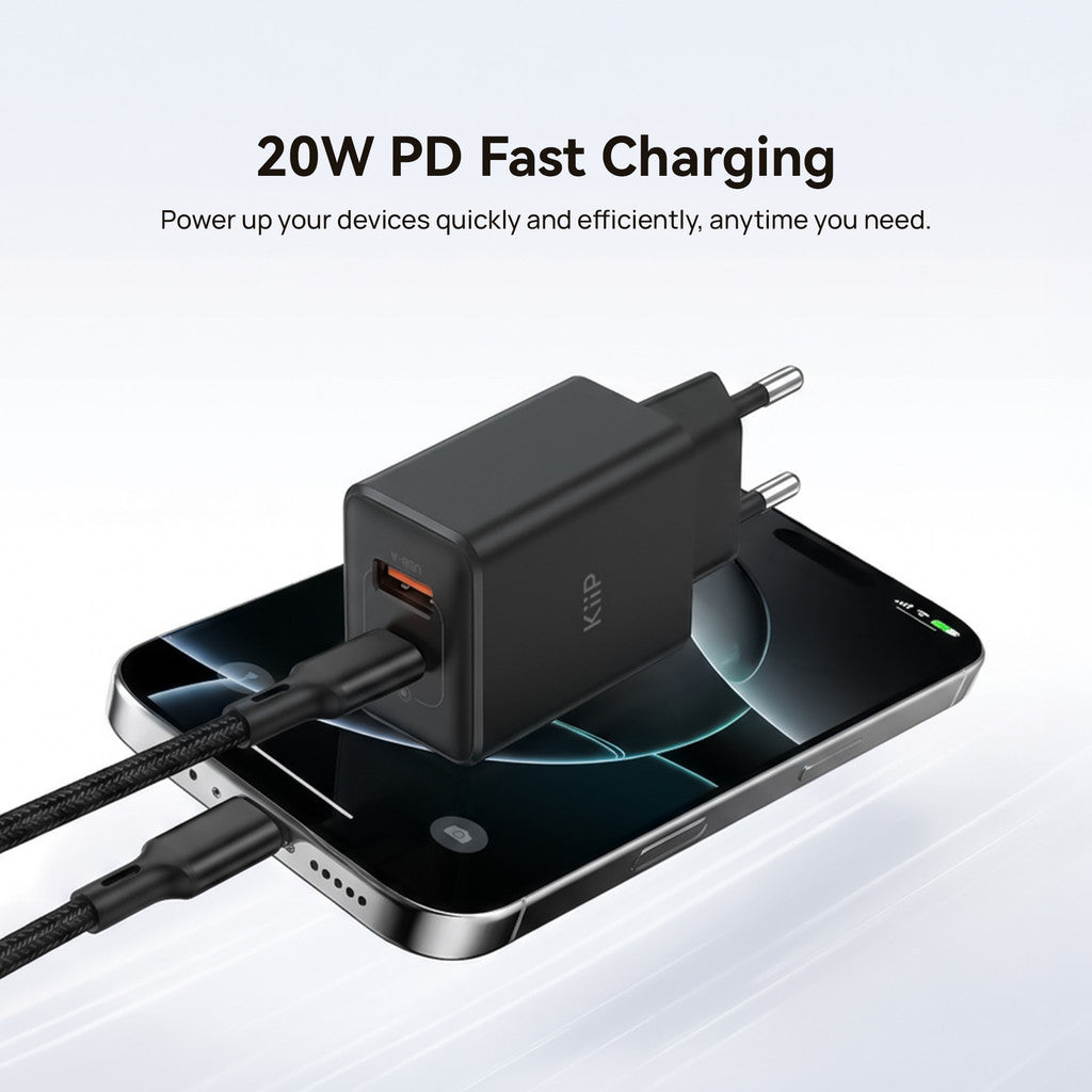 KiiP C20W Dual Port USB A+C 20W Compact Mini Wall Charger Adaptor Kepala Fast Charging