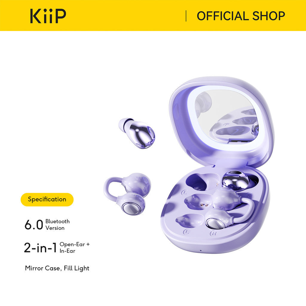 KiiP Airnora 2 In 1 Open Air and In Ear TWS Earphone Earclip Built in Mirror Sleep Earbuds Bluetooth 6.0