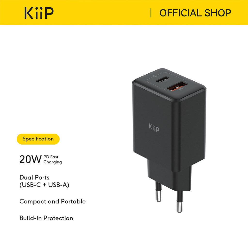 KiiP C20W Dual Port USB A+C 20W Compact Mini Wall Charger Adaptor Kepala Fast Charging