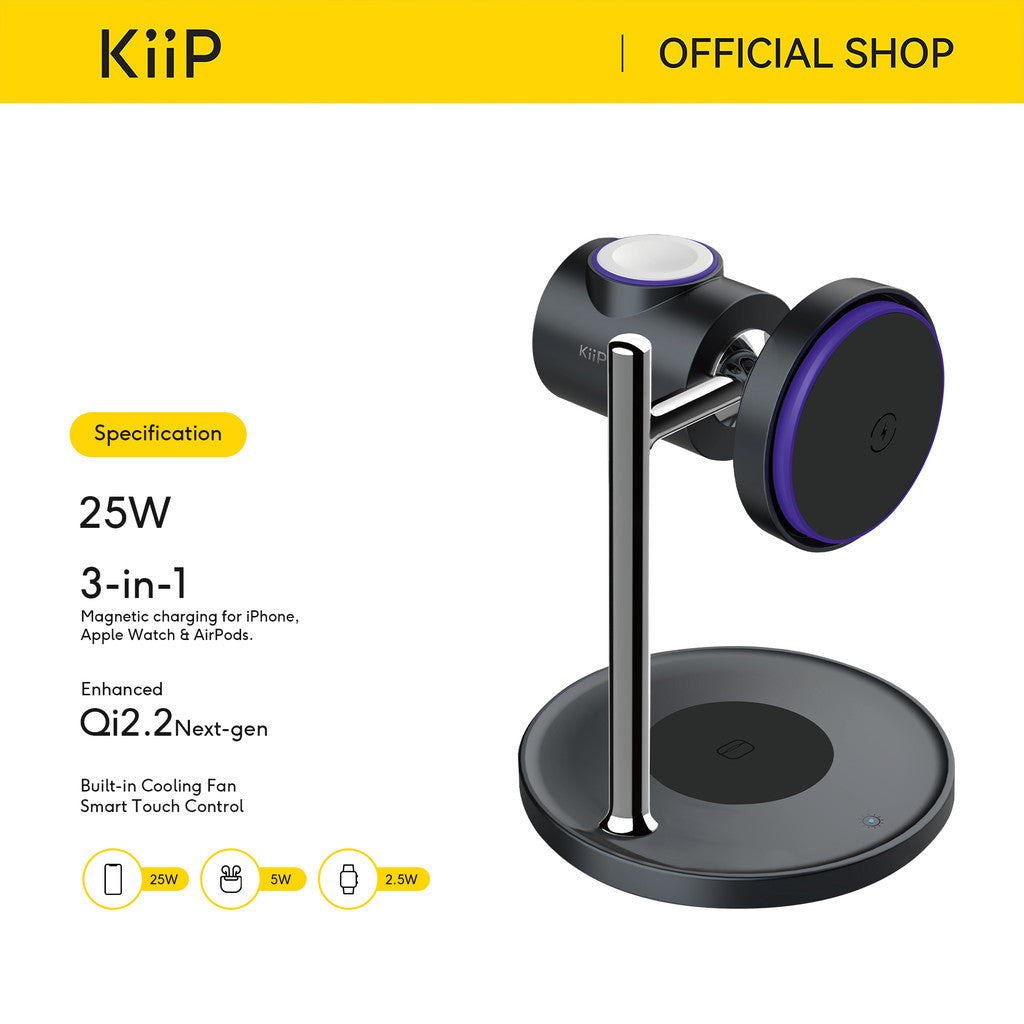 KiiP W10 Qi2.2 3in1 Magnetic Wireless Charging Stand Fast Charging 25W Smart Touch Control Built-in Cooling Fan
