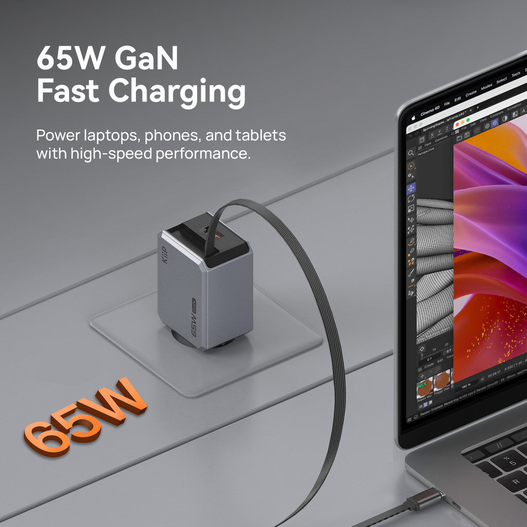 KiiP C65E GaN Retractable Charger 65W Mini Wall Adaptor Travel Kepala Charger Fast Charging