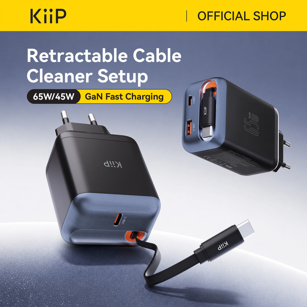 KiiP AuraMax Series GaN Charger Retractable up to 65W Mini Wall Adaptor Travel Kepala Charger Fast Charging