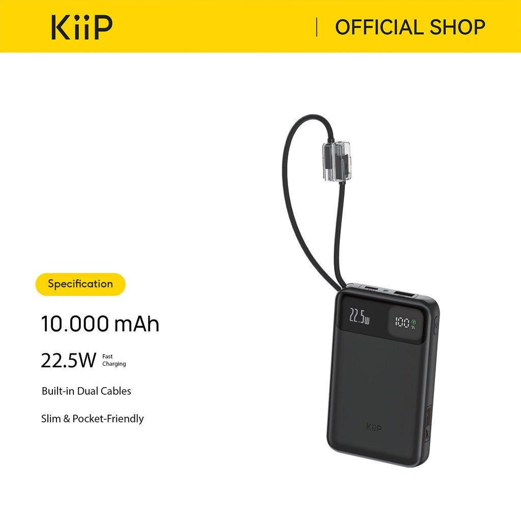 KiiP SnapLink Power Bank 10000mAh 22.5W Fast Charging Built-in Type- C + Lightning Cables and Digital Display