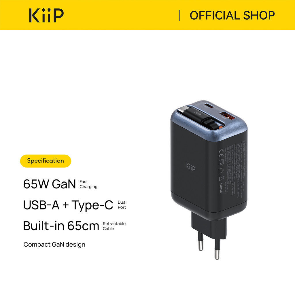 KiiP AuraMax Series GaN Charger Retractable up to 65W Mini Wall Adaptor Travel Kepala Charger Fast Charging