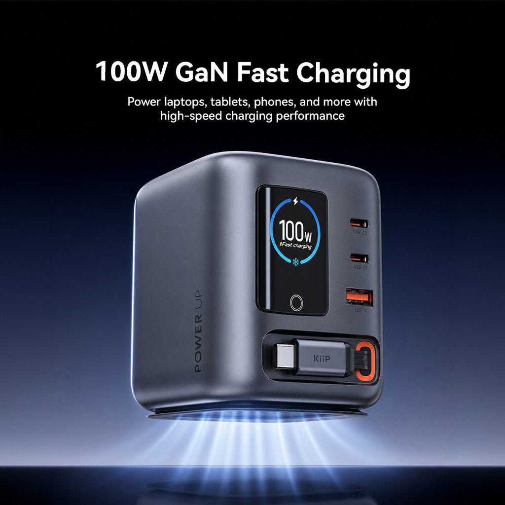 KiiP AuraMax Series PowerCombo GaN Charger Retractable 100W Mini Wall Adaptor Travel Kepala Charger Fast Charging