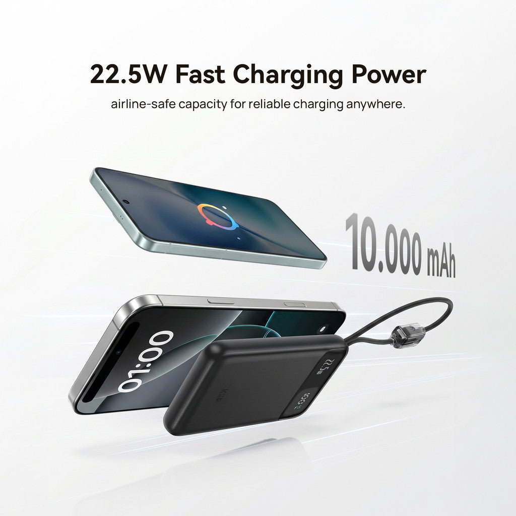 KiiP SnapLink Power Bank 10000mAh 22.5W Fast Charging Built-in Type- C + Lightning Cables and Digital Display