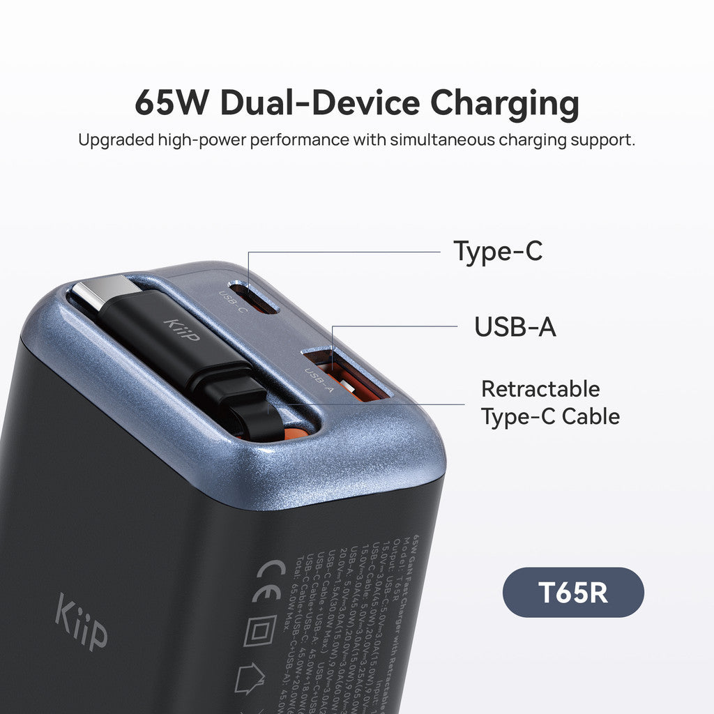 KiiP AuraMax Series GaN Charger Retractable up to 65W Mini Wall Adaptor Travel Kepala Charger Fast Charging