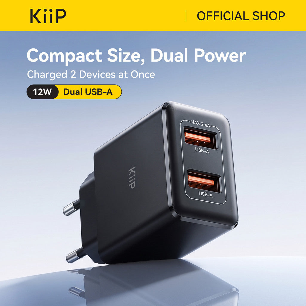 KiiP C12W Dual Port USB A 12W Compact Mini Wall Charger Adaptor Kepala Charger