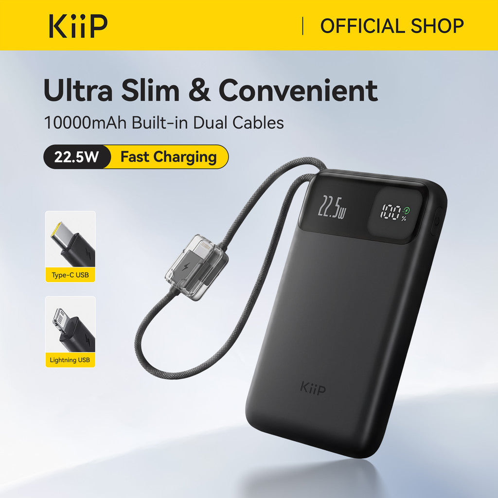KiiP SnapLink Power Bank 10000mAh 22.5W Fast Charging Built-in Type- C + Lightning Cables and Digital Display