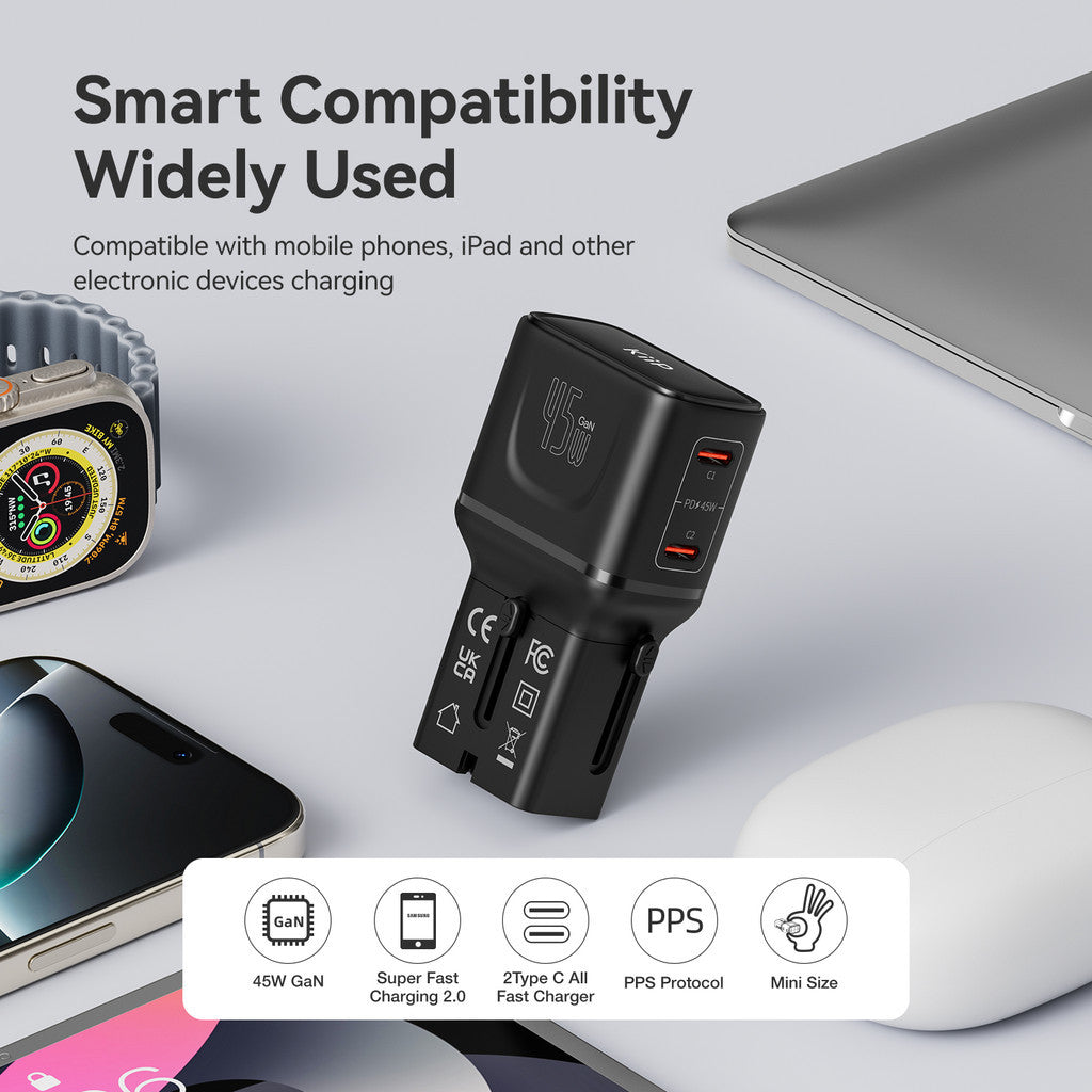 Kiip C35T Universal Travel Adaptor Charger Mini Fast Charging 45w GaN Portable Travel
