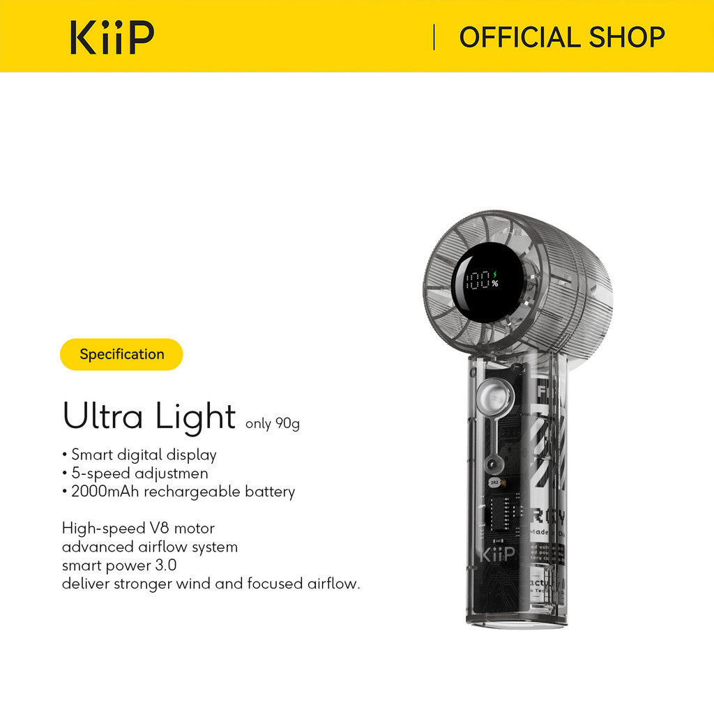 KiiP Fan07 Transparant Portable Fan High-speed Kipas Angin Mini Turbo 5Speed Kipas Genggam Smart LED Display