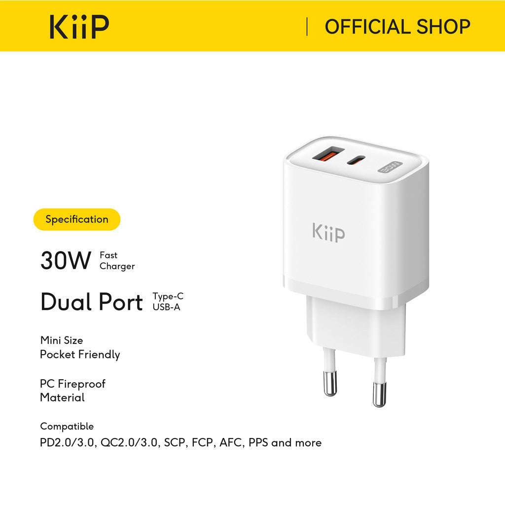 KiiP C30E Wall Charger Adaptor GaN 30W Fast Charging Kepala Charger Mini Travel Adaptor