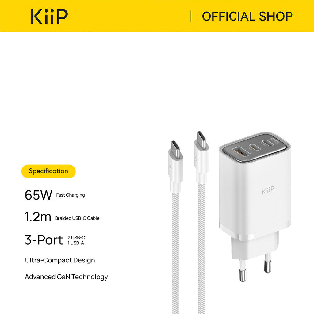 KiiP Mini Wall Charger GaN 65W Fast Charging PD QC 3.0 With Cable