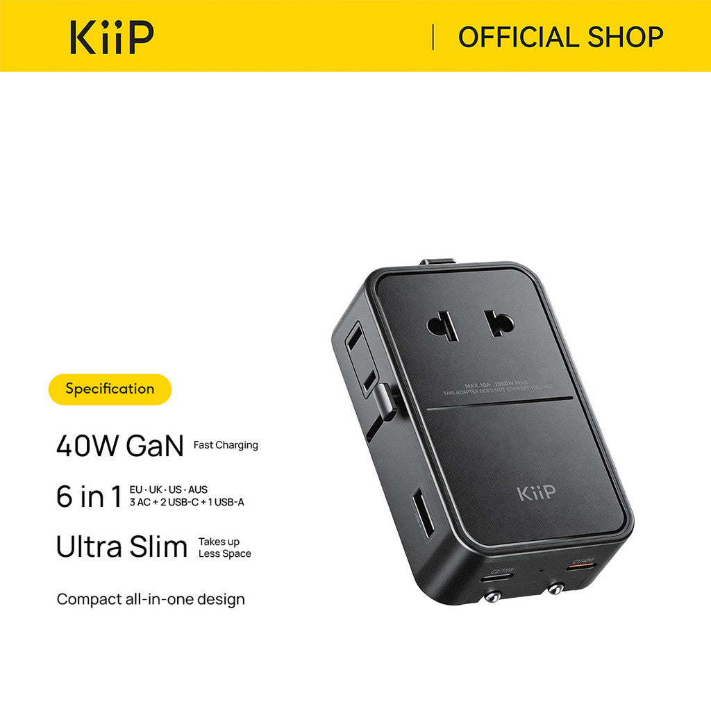 KiiP C40T Slim Universal Travel Charger Adapter 40W GaN Charge up To 6 Devices