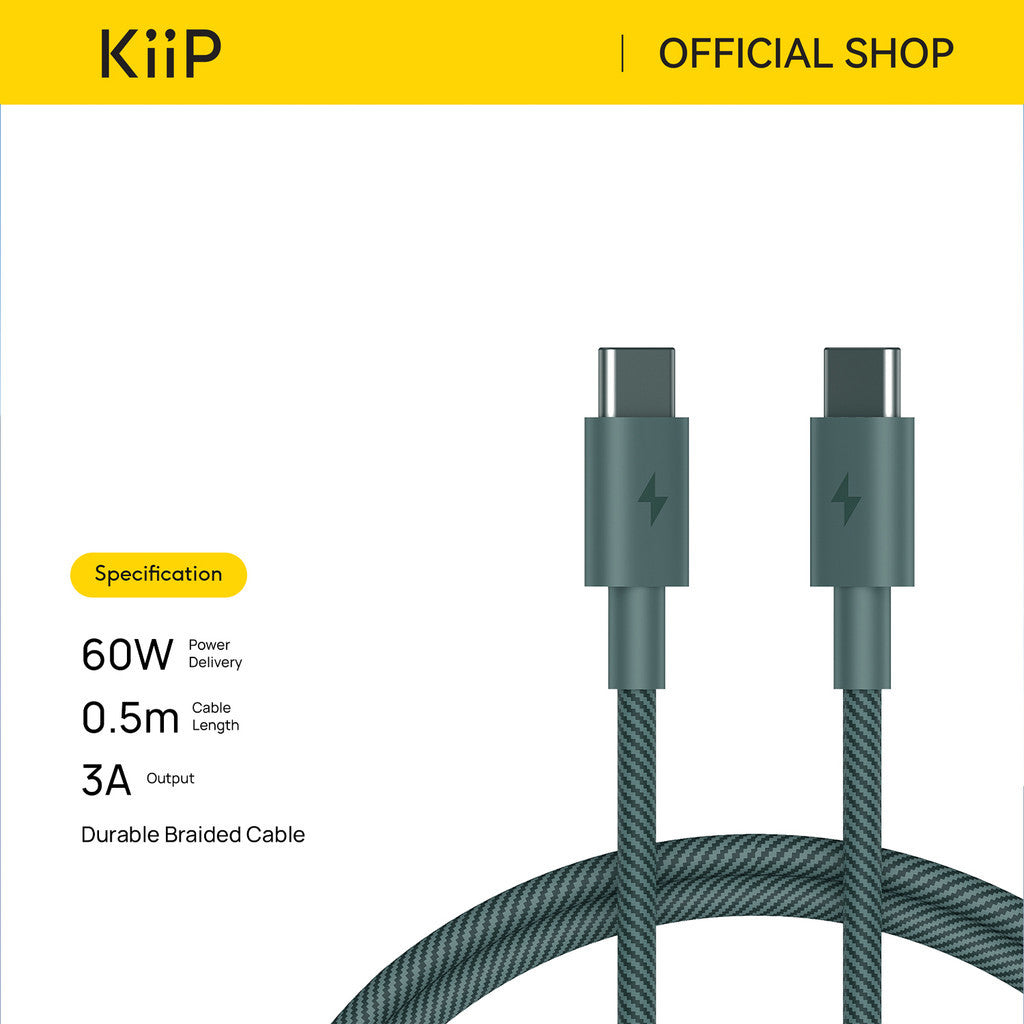 KiiP B60 Kabel Data 60W USB C Braided 50cm Fast Charging Cable PD QC 3.0