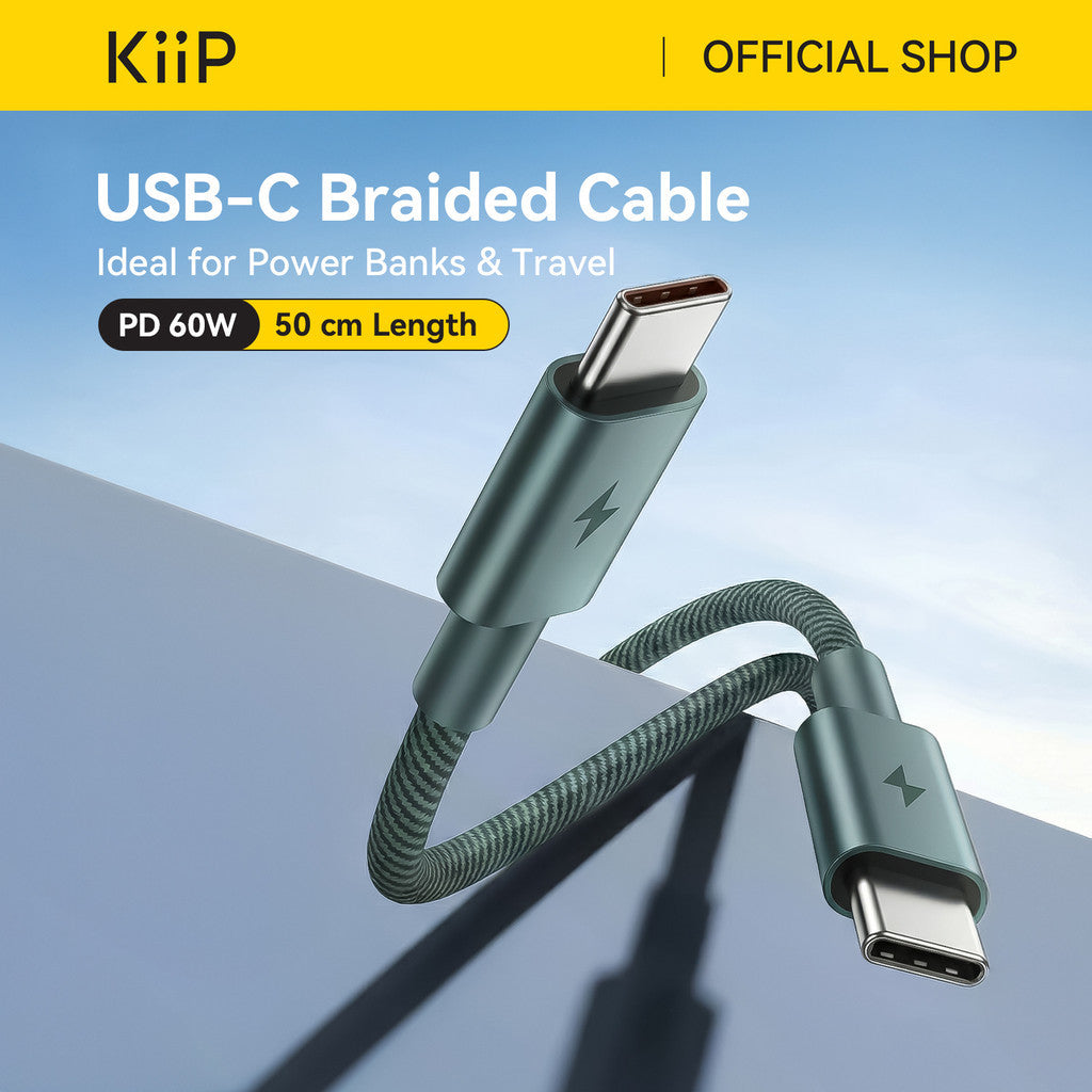 KiiP B60 Kabel Data 60W USB C Braided 50cm Fast Charging Cable PD QC 3.0