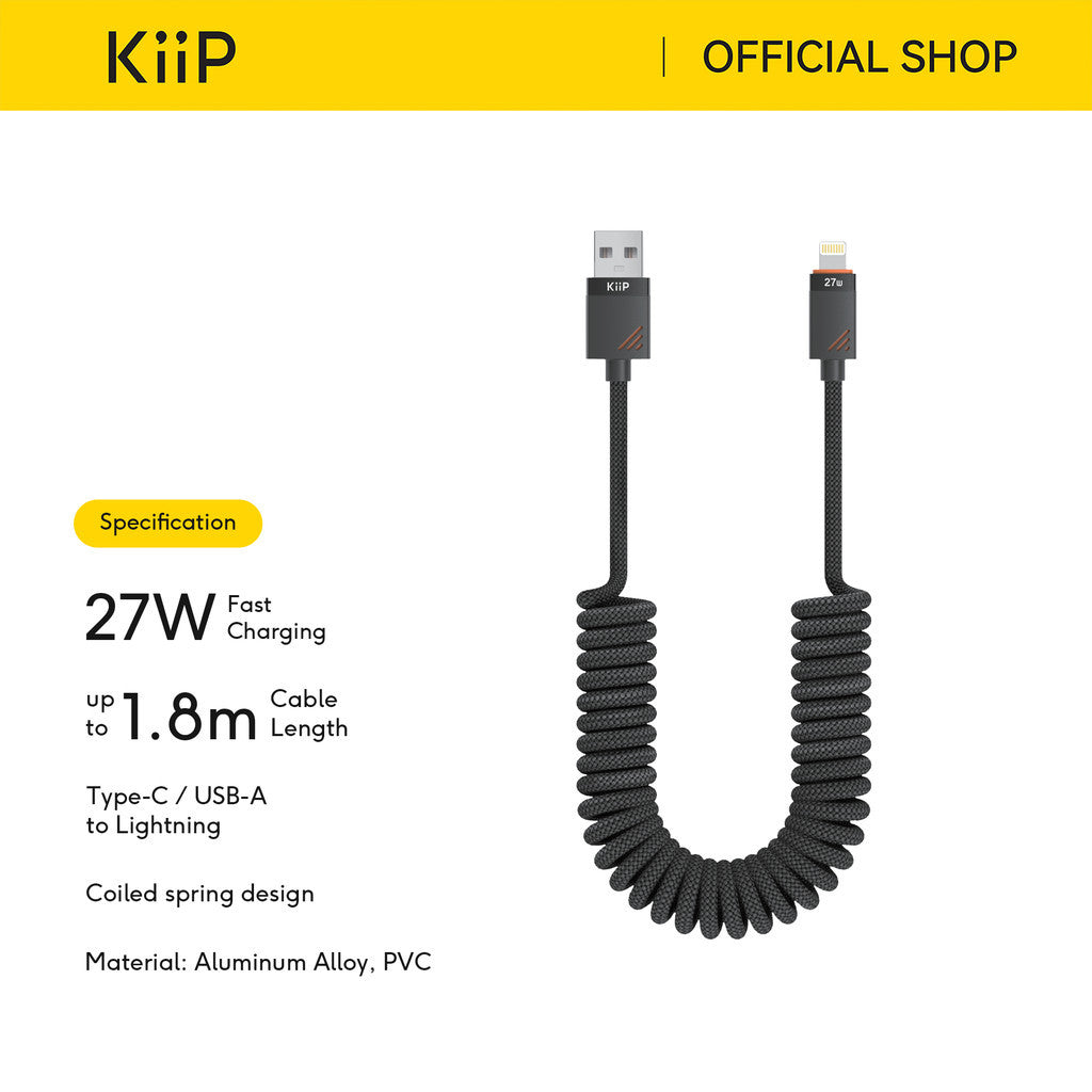 KiiP RC27 Retractable Coiled Charging C to L/A to L Fast Charge 27W