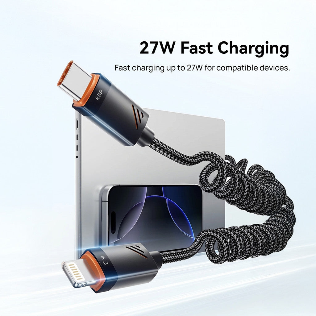 KiiP RC27 Retractable Coiled Charging C to L/A to L Fast Charge 27W