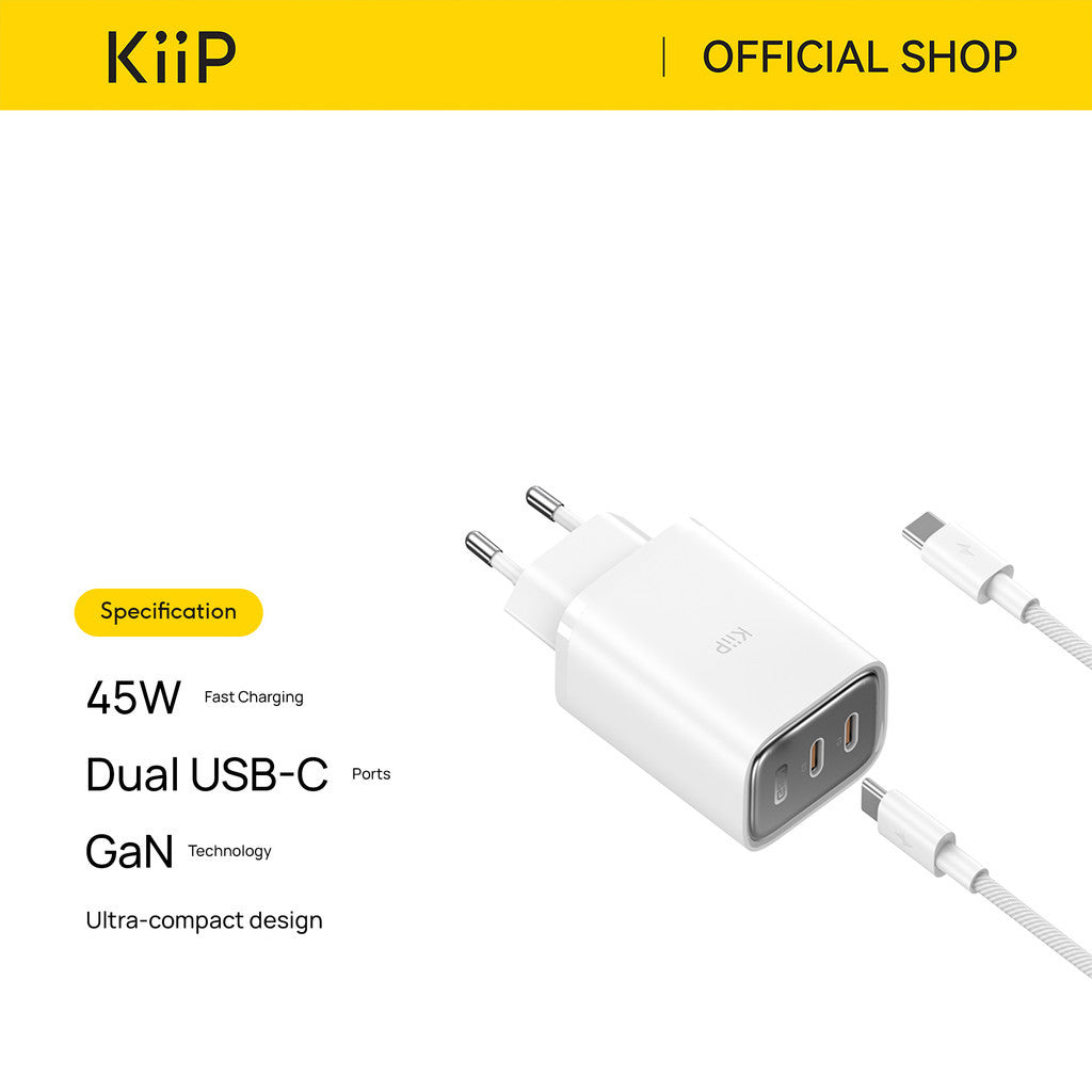 KiiP Mini Wall Charger GaN 45W Fast Charging PD QC 3.0 With Cable