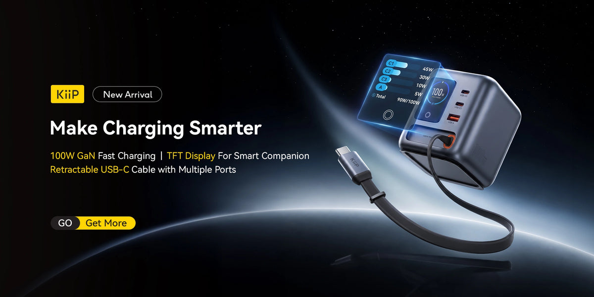 KiiP AuraMax New Arrival: Make Charging Smarter. GaN fast charging with a TFT display and retractable USB-C cable.