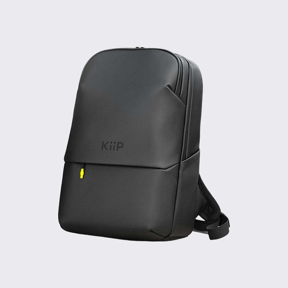 Black backpack with 'KiiP' branding on a light gray background