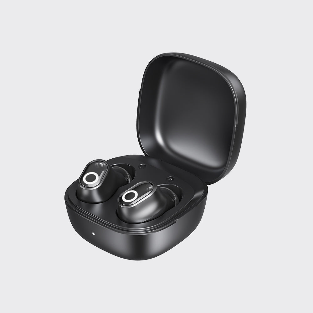Two black wireless earbuds inside an open black charging case, shown on a light gray background.