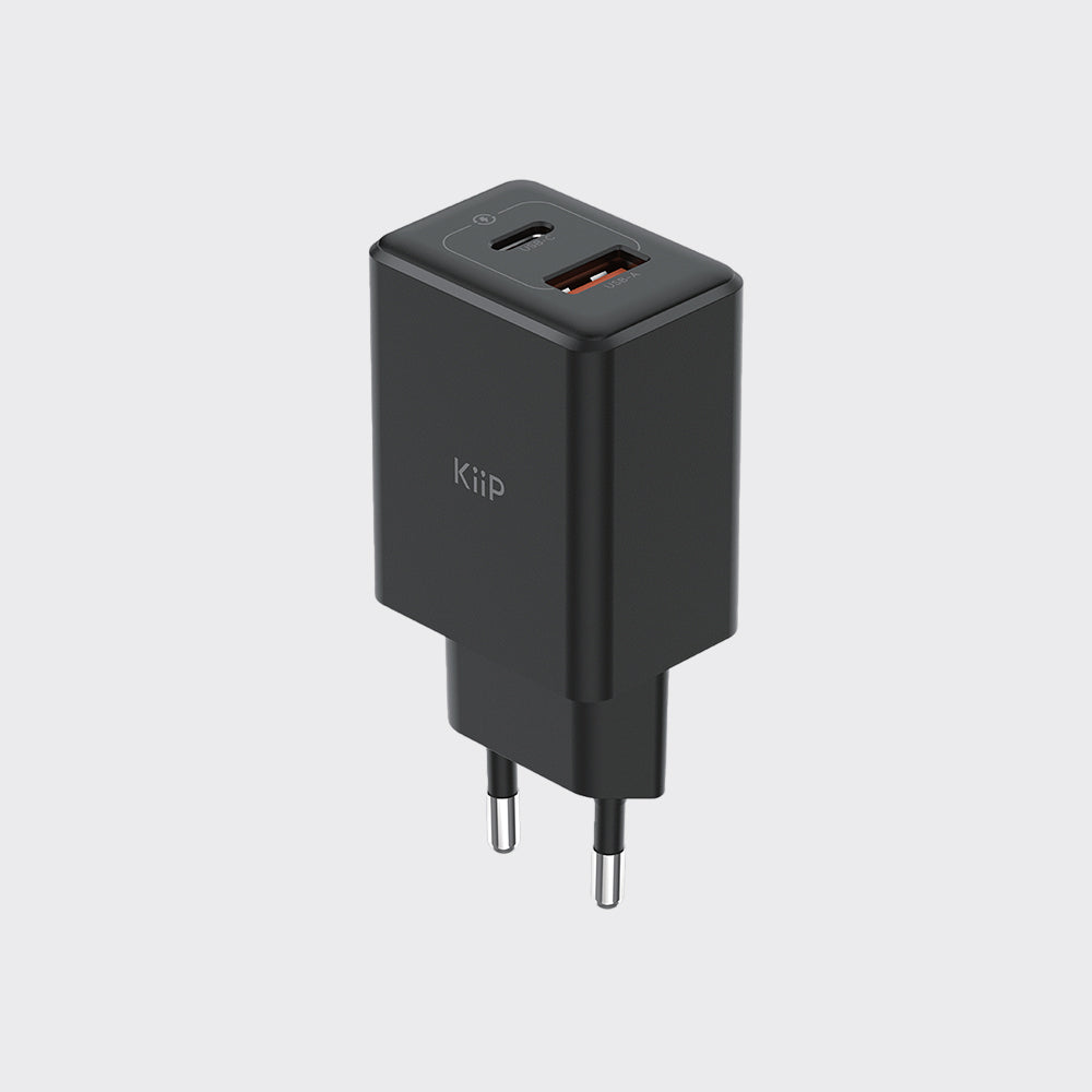 A black USB-C wall charger plug with a European two-pin connector, shown on a plain white background.