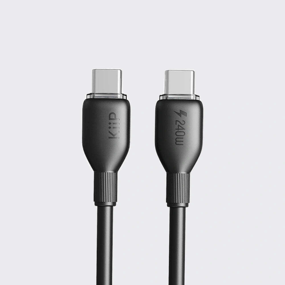 A close-up of a black USB-C to USB-C cable showing both connector ends, with the brand name 'Kiip' printed on the left connector housing and '240W' printed on the right.