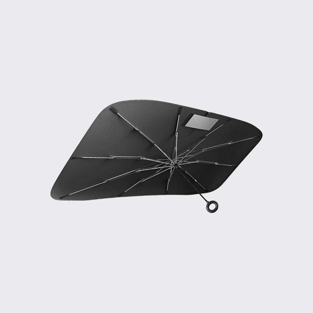 A black carbon-fiber-textured umbrella shown open against a light gray background.