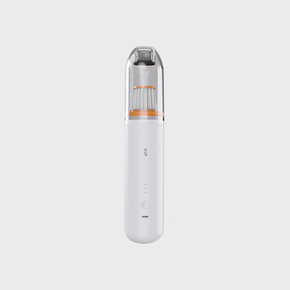 A white handheld electronic device with a clear top section showing internal orange and white components, set against a solid light gray background.