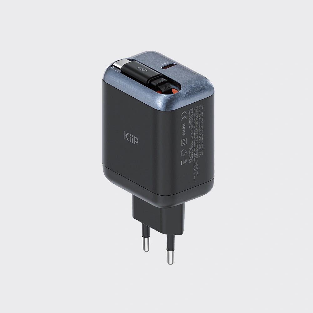 KiiP AuraMax Series GaN Charger Retractable up to 65W Mini Wall Adaptor Travel Kepala Charger Fast Charging