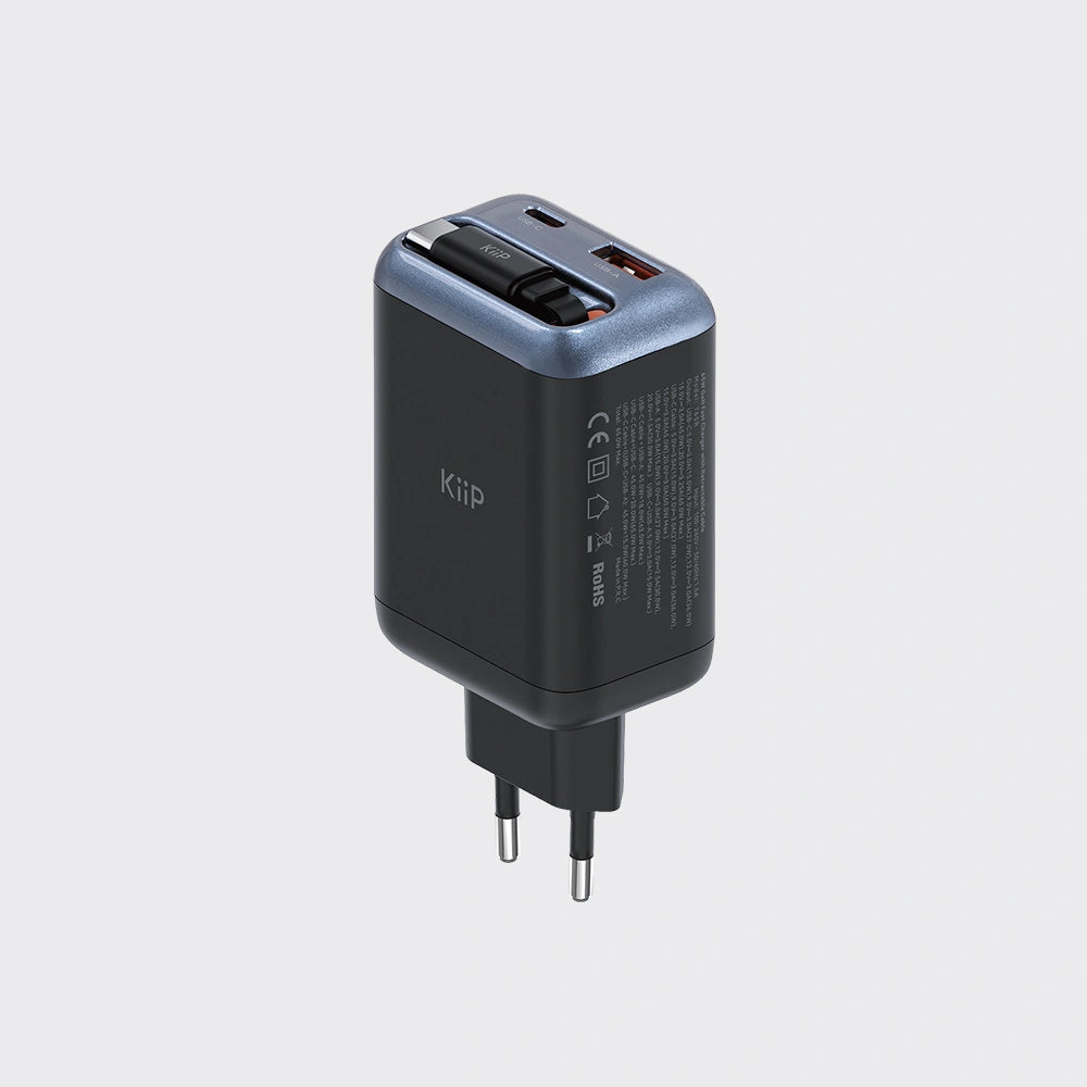 KiiP AuraMax Series GaN Charger Retractable up to 65W Mini Wall Adaptor Travel Kepala Charger Fast Charging