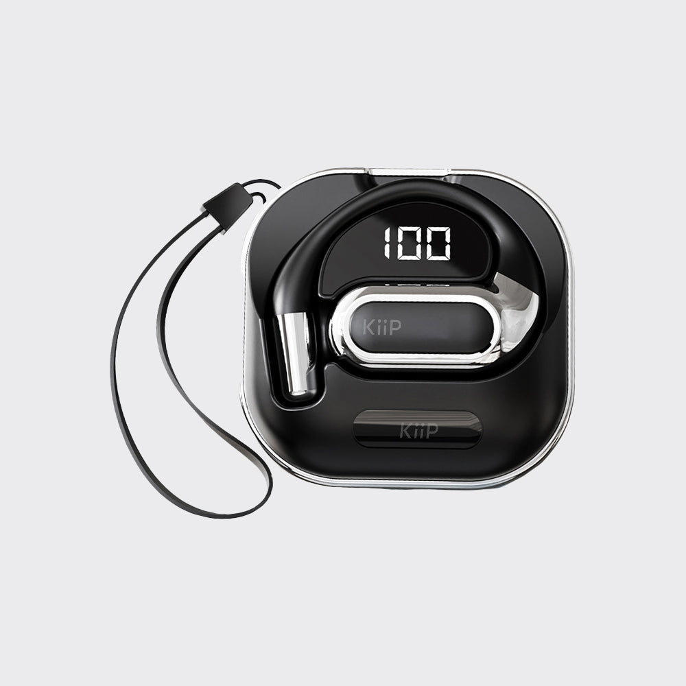 A black and silver KiiP wireless earbud with a digital display showing '100' and a black charging case with a wrist strap, set against a light gray background.