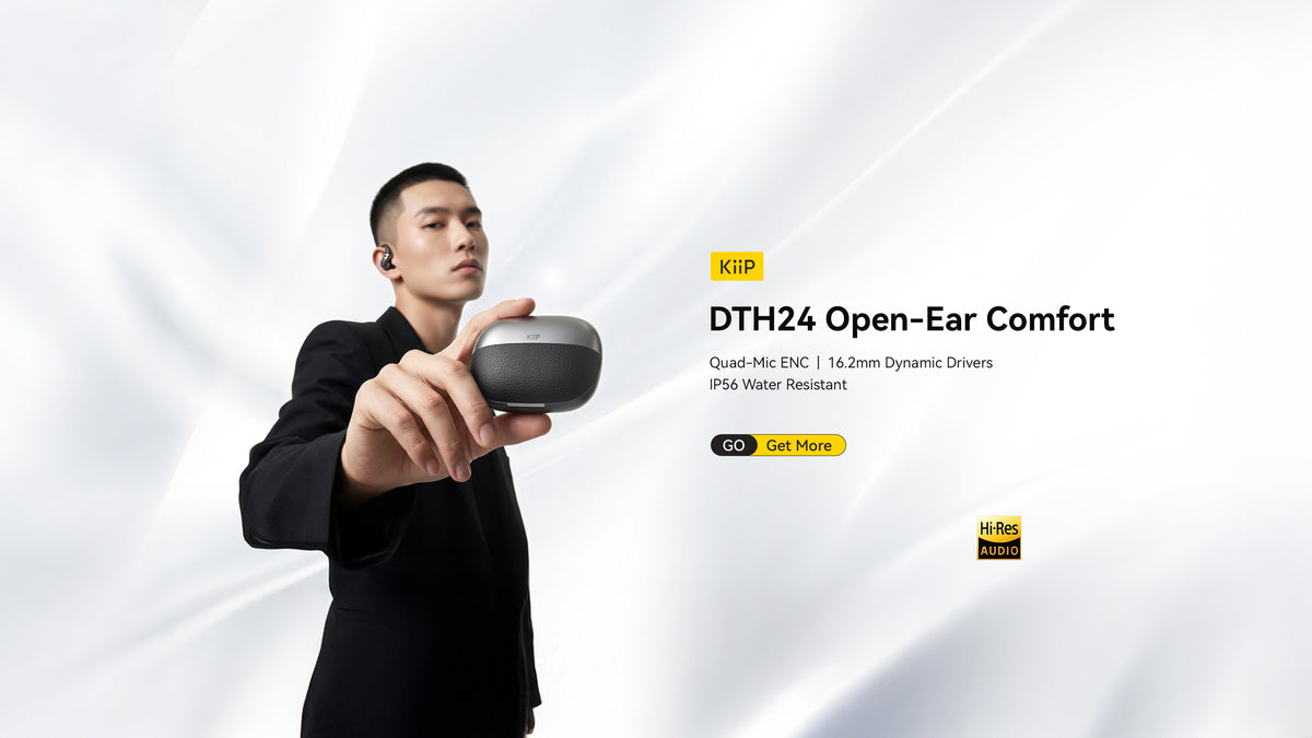 KiiP DTH24 Open-Ear Comfort: Quad-Mic ENC, 16.2mm dynamic drivers, IP56 water resistant.