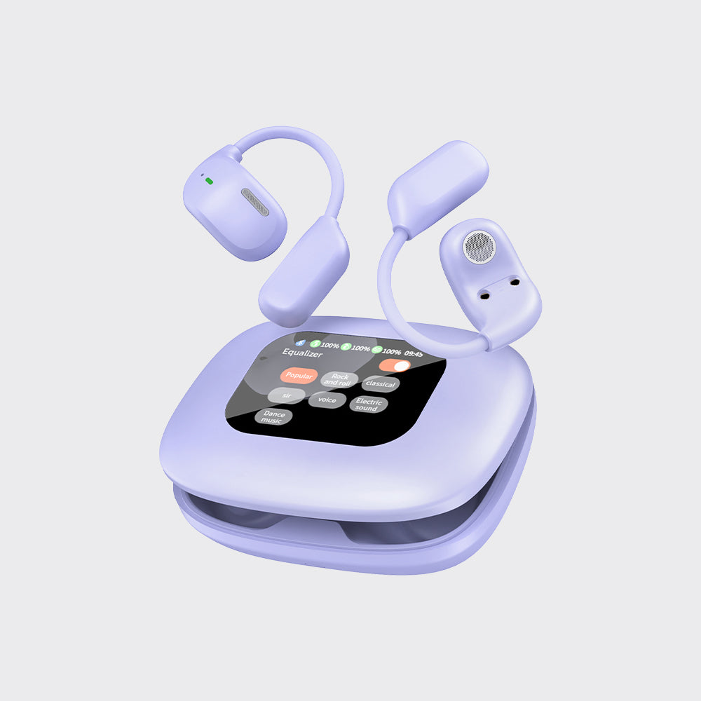 A lavender wireless earpiece device with two curved ear hooks and a matching charging case on a light gray background.