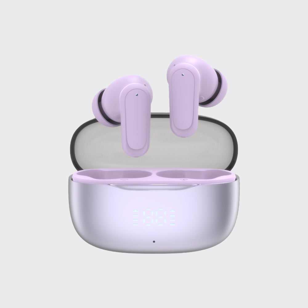 Light purple wireless earbuds floating above their matching charging case on a light gray background.