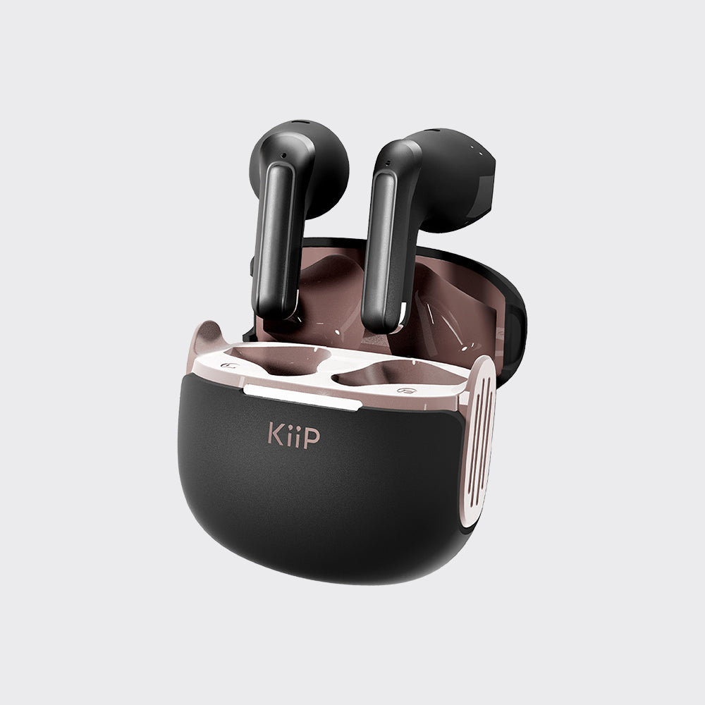 True wireless earbuds in a black charging case with rose gold metallic accents, shown on a light gray background. The brand name 'KiiP' is visible on the front of the case.
