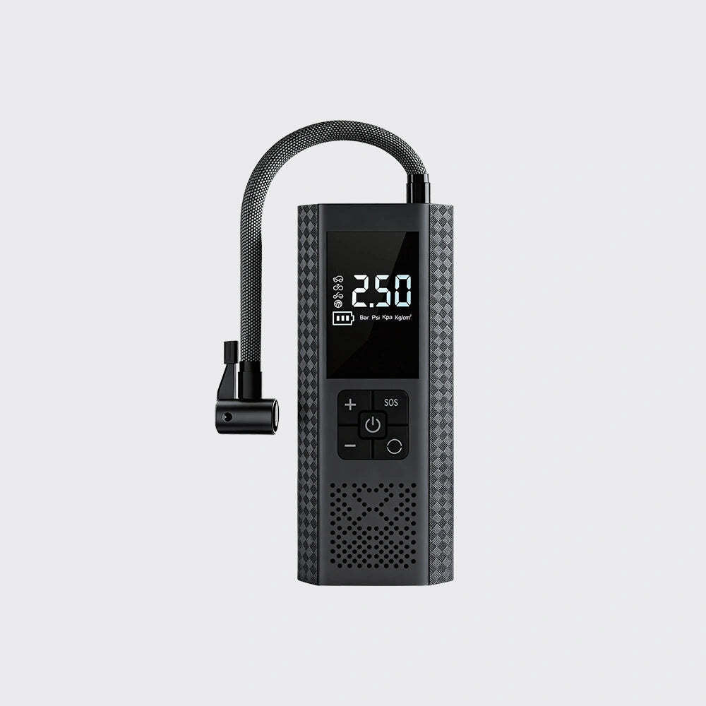 A portable electric air pump with a textured black body, a flexible hose, and a digital display.