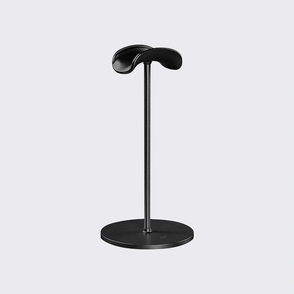 A modern black metal stand with a curved top and a round base, shown against a plain light gray background.
