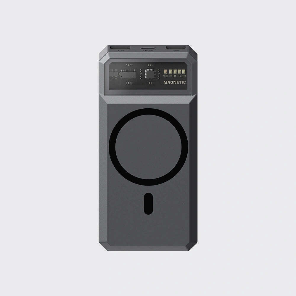 A dark gray rectangular magnetic device with a circular magnetic ring on the front, a small display panel at the top, and a vertical button, shown on a light gray background.