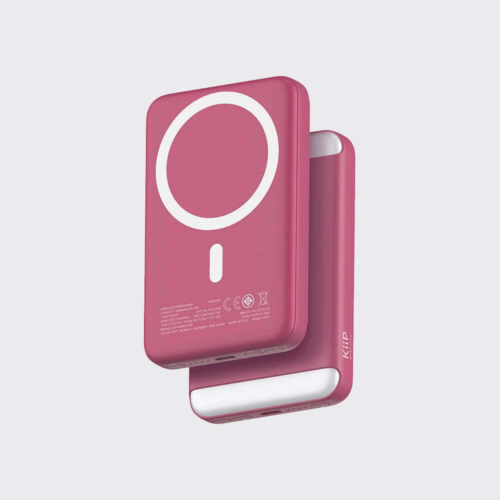 Pink powerbank with stand on a light gray background