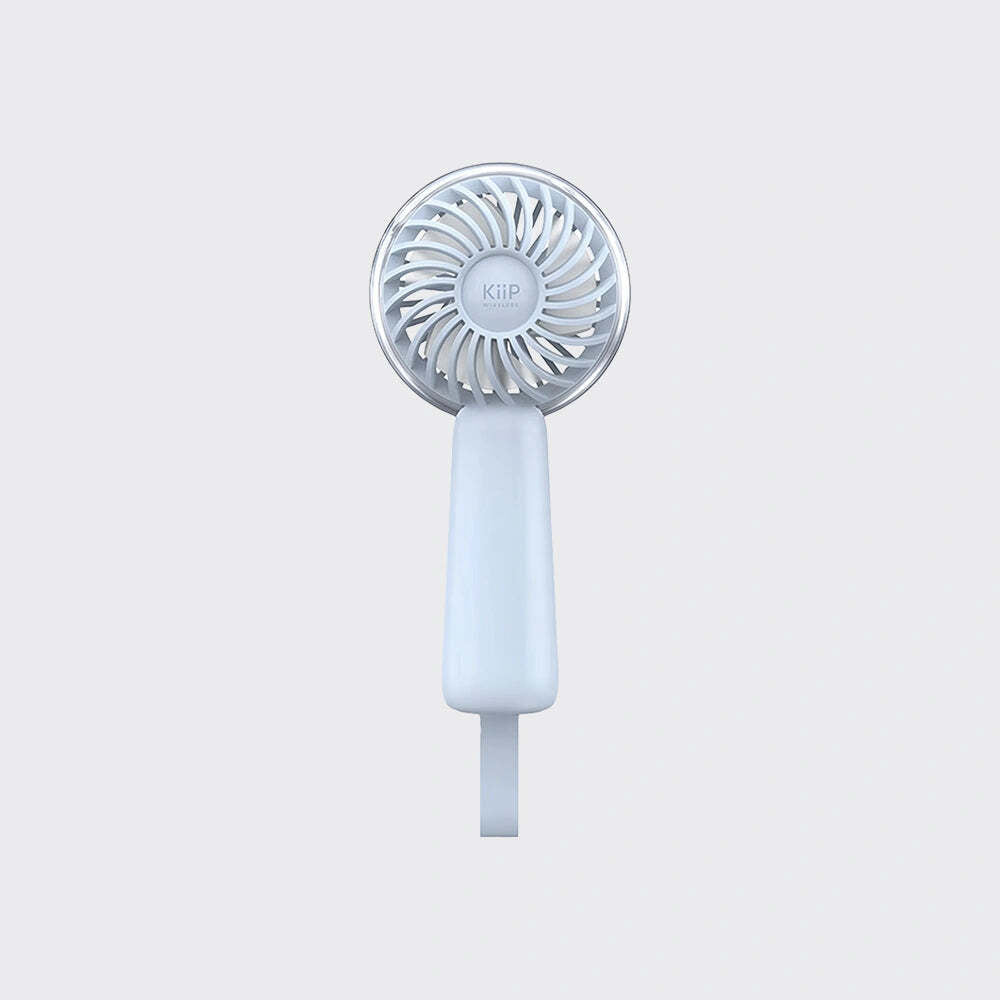 A compact handheld mini fan in white and silver, featuring a circular fan head with the brand name 'KiiP' printed in the center, shown against a solid light gray background.