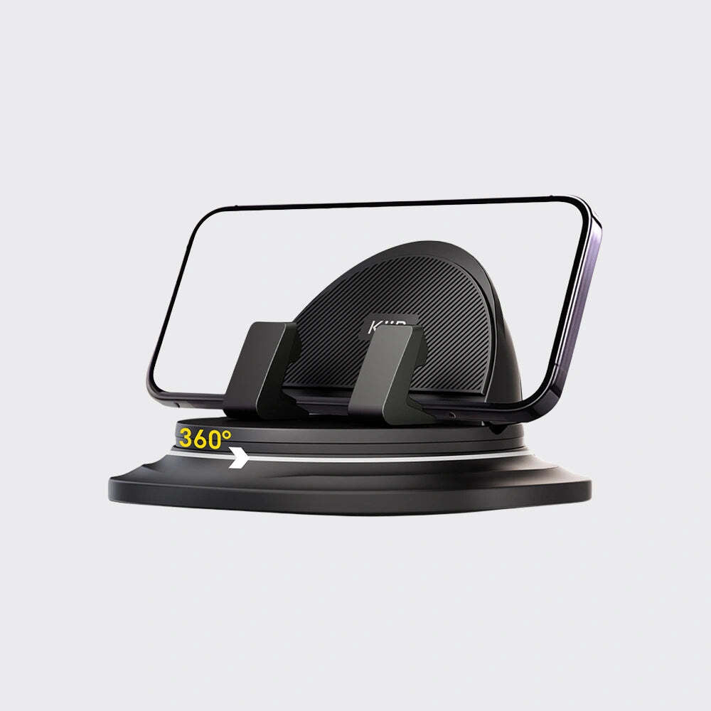Phone holder with 360-degree rotation feature on a light gray background
